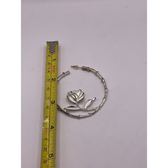 Single Silver Hoop Earring With Rose Design & Bamboo Textured Hoop - Picture 3 of 3
